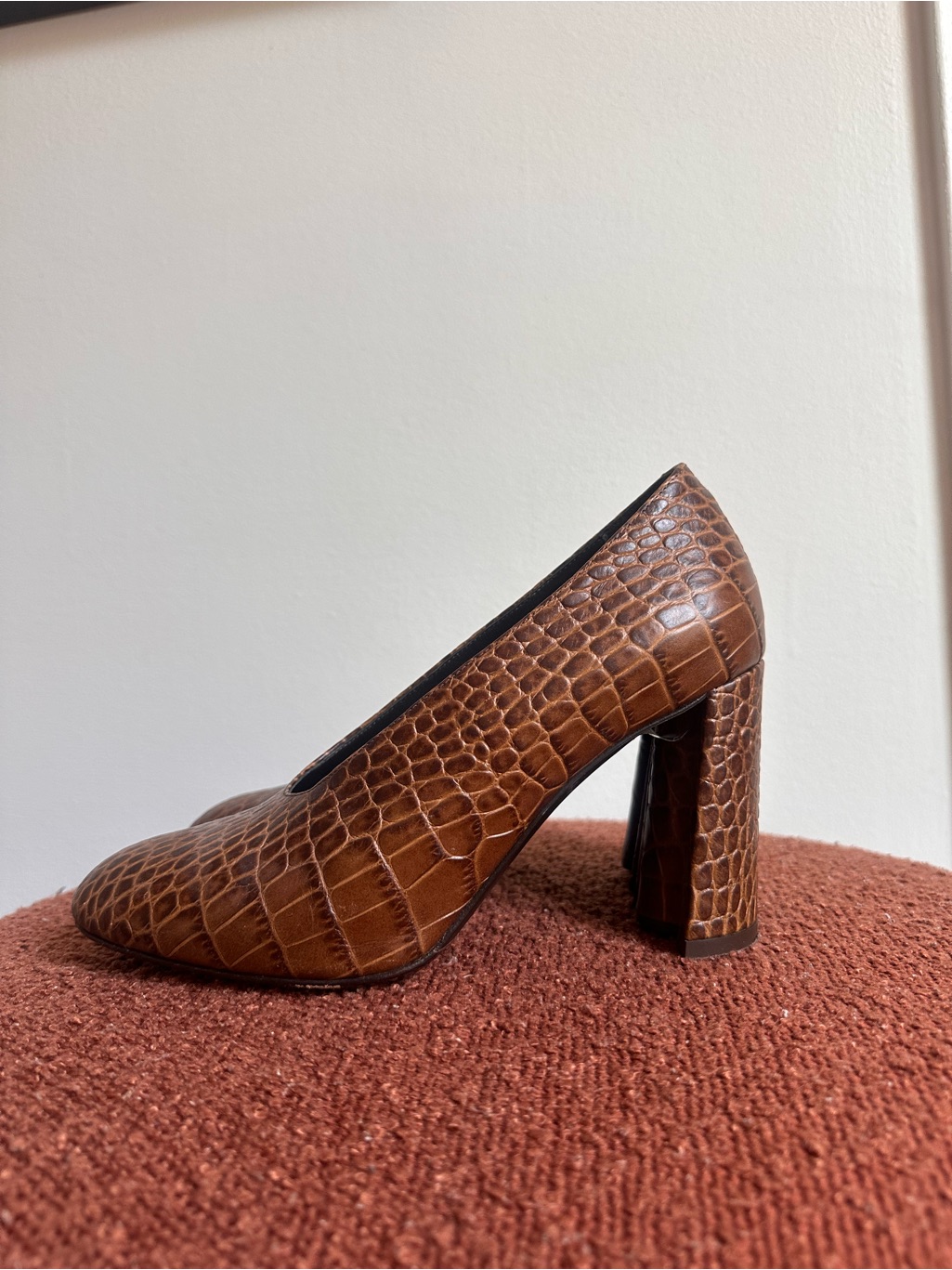 Co Collection Croc-Embossed Brown Block Heel Pumps